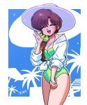  bracelet breasts casual_one-piece_swimsuit cleavage cowboy_shot green_one-piece_swimsuit hair_over_shoulder hair_ribbon hat highres hood hooded_jacket jacket jewelry long_hair medium_breasts one-piece_swimsuit ranma_1/2 ribbon sun_hat swimsuit tendou_kasumi tied_jacket wanta_(futoshi) white_headwear 