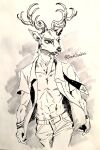  5_fingers anthro antlers beastars bottomwear cervine clothed clothing deer fingers fur hi_res horn humanoid_hands joze_osaka line_art louis_(beastars) male mammal navel open_clothing open_mouth open_shirt open_topwear pants red_deer shirt signature solo tongue topwear 