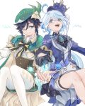  1boy 1girl aqua_eyes ascot beret black_ascot black_gloves black_hair blue_eyes blue_gemstone blue_hair blue_headwear bow braid brown_corset cape corset flower frilled_sleeves frills furina_(genshin_impact) gem genshin_impact getoadd gloves gradient_hair green_cape green_headwear green_shorts half_gloves hat hat_flower highres light_blue_hair long_hair multicolored_hair one_eye_closed pantyhose shirt short_hair_with_long_locks shorts smile thigh_strap top_hat twin_braids venti_(genshin_impact) vision_(genshin_impact) white_flower white_pantyhose white_shirt white_shorts 