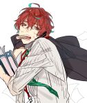  1boy aqua_hair bags_under_eyes commentary_request food_in_mouth hagiwara_daisuke hair_between_eyes holding hypnosis_mic id_card kannonzaka_doppo lanyard long_sleeves male_focus multicolored_hair necktie open_mouth paper red_hair short_hair solo streaked_hair sweat talking_on_phone teeth two-tone_hair upper_body white_background 