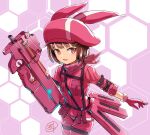  1girl ammunition_pouch animal_ear_headwear bandana bullpup fur-trimmed_gloves fur_trim gloves gun holding holding_gun holding_weapon ishiguchi_juu jacket llenn_(sao) open_mouth p90 pants pink_bandana pink_eyes pink_gloves pink_headwear pink_jacket pink_pants pouch short_hair smile solo submachine_gun sword_art_online sword_art_online_alternative:_gun_gale_online trigger_discipline weapon 