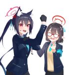  2girls absurdres anger_vein animal_ear_fluff animal_ears ayane_(blue_archive) black_gloves black_hair blue_archive blue_armband blue_jacket blue_necktie blush cat_ears clenched_hand collared_shirt commentary_request cowboy_shot glasses gloves glow_(user_hnpv7785) halo hand_on_own_arm hand_up headset highres jacket korean_commentary long_hair looking_at_another multiple_girls necktie open_clothes open_jacket open_mouth plaid plaid_skirt pointy_ears red-framed_eyewear red_halo serika_(blue_archive) shirt short_hair simple_background skirt standing sweat sweater teeth tongue twintails upper_teeth_only very_long_hair white_background yellow_sweater 