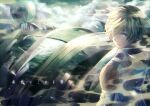  1boy absurdres blonde_hair blue_eyes from_behind hair_over_one_eye highres looking_back male_focus mirin. muted_color phog_christoph short_hair snowing solo song_name xenoblade_chronicles_(series) xenoblade_chronicles_x 