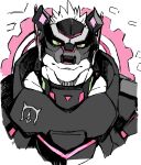  1boy animal_ears armor bara bear_boy bear_ears colored_sclera commentary_request enigma_(housamo) furry furry_male gears green_sclera highres looking_at_viewer male_focus mask muscular muscular_male parted_lips pink_eyes portrait short_hair simple_background solo tobikara_(tobikara3) tokyo_afterschool_summoners white_background white_fur white_hair 