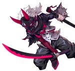  1boy absurdres artist_request bandages black_pants child highres holding holding_sheath holding_sword holding_weapon jacket katana knee_up mask non-web_source official_art omega_strikers pants sheath shirt solo swinging sword torn_clothes torn_jacket weapon white_hair white_shirt zentaro_(omega_strikers) 