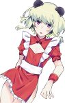  1boy alternate_costume animal_ears arm_behind_back bear_ears blonde_hair china_dress chinese_clothes cleavage_cutout clothing_cutout crossdressing dress floating_hair highres lio_fotia male_focus otoko_no_ko promare puffy_short_sleeves puffy_sleeves purple_eyes red_dress red_wrist_cuffs rinno_promare short_hair short_sleeves simple_background solo thigh_gap tongue tongue_out white_background wind 