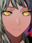  1girl bangs chainsaw_man earrings fami_(chainsaw_man) grey_hair highres jewelry kota_2kx looking_at_viewer mole mole_under_eye mole_under_mouth multiple_moles ringed_eyes short_hair solo tassel tassel_earrings yellow_eyes 