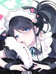  1boy 1girl apron aris_(blue_archive) aris_(maid)_(blue_archive) black_hair blue_archive blue_eyes censored erection fellatio hair_between_eyes halo heart hetero highres licking licking_penis looking_at_viewer maid maid_headdress open_mouth oral penis penis_out pov ringed_eyes short_sleeves solo_focus speech_bubble tatsuya_(trypaint) tongue tongue_out white_apron 