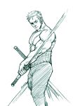  1boy abs azreto bara dual_wielding feet_out_of_frame frown green_theme holding holding_sword holding_weapon large_pectorals looking_at_viewer male_focus muscular muscular_male nib_pen_(medium) one_piece pectorals roronoa_zoro serious short_hair solo standing sword thick_eyebrows topless_male traditional_media weapon 