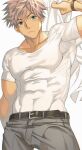  1boy arm_up armpits bara belt black_belt blue_eyes closed_mouth collarbone covered_abs frown grey_hair grey_pants hair_between_eyes highres holding holding_clothes holding_shirt looking_at_viewer male_focus muscular muscular_male original pants pectorals sagami_jon shirt shirt_tucked_in short_hair short_sleeves solo t-shirt taut_clothes v-shaped_eyebrows white_background white_shirt wristband 