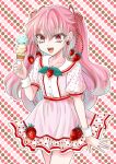  1girl blue_hair colored_inner_hair commentary_request dress earrings food food-themed_earrings fruit holding holding_food holding_ice_cream ice_cream ice_cream_cone jewelry kimura_pikoriino multicolored_hair open_mouth pink_hair polka_dot polka_dot_background puffy_short_sleeves puffy_sleeves rope short_dress short_sleeves smile solo strawberry strawberry_earrings streaked_hair tensei-kun_wa_lolicon_janai! two-tone_hair two_side_up wrist_cuffs 