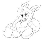  2023 anaugi anthro bandanna big_breasts black_and_white breast_tuft breasts chubby_female clothing cowboy_hat crotch_tuft cute_fangs deep_navel eeveelution featureless_breasts featureless_crotch female generation_4_pokemon glaceon hand_behind_back hat headgear headwear hi_res kerchief kneeling looking_at_viewer mickeon monochrome mostly_nude navel nintendo open_mouth open_smile pokemon pokemon_(species) raised_arm simple_background smile snaggle_tooth solo star_eyes tuft white_background 