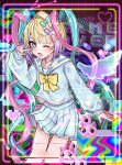  1girl abstract_background blonde_hair blue_bow blue_eyes blue_hair blush bow cat chouzetsusaikawa_tenshi-chan cowboy_shot english_text gaota hair_bow hair_ornament heart heart_hair_ornament highres holographic_clothing long_hair long_sleeves multicolored_hair multicolored_nails needy_girl_overdose neon_lights one_eye_closed open_mouth pill pink_bow pink_hair pleated_skirt purple_bow quad_tails sailor_collar school_uniform serafuku skirt smile solo v v_over_eye very_long_hair window_(computing) yellow_bow 