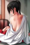  1girl absurdres bare_back bare_shoulders black_eyes black_hair blurry blurry_background blush finger_to_mouth from_behind highres indoors looking_at_viewer looking_back matsunaga_kouyou original ponytail short_hair solo 