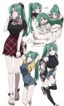  2girls absurdres arms_up black_shirt blue_shorts bracelet breasts cleavage closed_eyes collarbone dress earrings fingernails full_body green_eyes green_hair hand_in_pocket highres higurashi_no_naku_koro_ni jewelry korean_commentary large_breasts legs long_hair looking_at_viewer multiple_girls multiple_views navel necklace nonanonnon6u6 one_eye_closed open_mouth parted_bangs parted_lips ponytail sandals shirt shorts siblings simple_background sisters sitting smile sonozaki_mion sonozaki_shion toeless_footwear toenails toes twins v white_background 