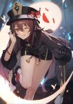  1girl ;p absurdres alaskastomatoez bare_legs bent_over black_nails black_shorts boo_tao_(genshin_impact) bracelet brown_hair chinese_clothes flower genshin_impact ghost hand_up hat hat_flower highres hu_tao_(genshin_impact) jewelry leaning_forward long_hair looking_at_viewer one_eye_closed plum_blossoms porkpie_hat red_eyes revision ring shorts solo symbol-shaped_pupils tassel_hat_ornament thighs tongue tongue_out twintails very_long_hair 