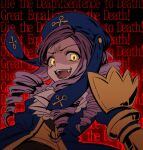  1girl 9d5juk6bzt blue_headwear blue_jacket dlanor_a._knox drill_hair eiserne_jungfrau english_text fang jacket korean_commentary looking_at_viewer open_clothes open_jacket open_mouth purple_hair slit_pupils solo teeth text_background umineko_no_naku_koro_ni upper_body yellow_eyes 