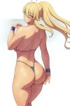  1girl ahoge artoria_pendragon_(fate) artoria_pendragon_(lancer)_(fate) ass back bikini blonde_hair blue_bikini blue_wristband breasts eyebrows_hidden_by_hair facing_away fate/grand_order fate_(series) green_eyes hair_between_eyes highres large_breasts long_hair looking_at_viewer looking_back lvl_(sentrythe2310) ponytail simple_background solo swimsuit thighs white_background wristband 