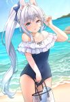  1girl absurdres animal_ears bare_legs bare_shoulders beach black_one-piece_swimsuit blue_archive blue_eyes blue_halo blush collarbone covered_navel cowboy_shot day fake_animal_ears frilled_one-piece_swimsuit frills grey_hair half-closed_eye halo highres long_hair looking_at_viewer miyako_(blue_archive) miyako_(swimsuit)_(blue_archive) nomio ocean one-piece_swimsuit open_mouth outdoors ponytail rabbit_ears smile solo swimsuit 