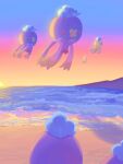  alternate_color commentary_request drifblim floating highres mokukitusui no_humans outdoors pokemon pokemon_(creature) red_eyes sand shiny_pokemon shore sky sunset water 