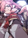  1girl baiken big_hair black_jacket black_kimono breasts eyepatch facial_tattoo gokuu_(acoloredpencil) guilty_gear guilty_gear_strive highres jacket jacket_on_shoulders japanese_clothes katana kimono large_breasts long_hair long_sleeves looking_at_viewer multicolored_clothes multicolored_kimono one-eyed open_clothes open_kimono pink_hair ponytail red_eyes samurai scar scar_across_eye sword tattoo torn_sleeve weapon white_kimono 