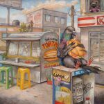  1:1 2023 avian biped bird burger clothed clothing columbid day detailed_background domestic_cat eating felid feline felis feral food gouache_(artwork) hi_res joaquincarre mammal outside painting_(artwork) pigeon shaded sitting spanish_text text traditional_media_(artwork) 