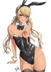  1girl :q animal_ears artist_name ass_visible_through_thighs bare_shoulders black_leotard black_ribbon blonde_hair bow bowtie breasts contrapposto covered_navel cowboy_shot dark-skinned_female dark_skin detached_collar ear_piercing earrings fake_animal_ears fake_tail gyaru gyaru_v hair_ribbon highleg highleg_leotard highres jewelry kaminari_qpi leotard long_hair looking_at_viewer low_twintails medium_breasts orange_eyes piercing playboy_bunny rabbit_ears rabbit_tail ribbon simple_background solo strapless strapless_leotard swept_bangs syyn_(syyndev) tail tongue tongue_out traditional_bowtie twintails v very_long_hair virtual_youtuber vspo! white_background wing_collar wrist_cuffs 