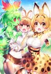  3girls :o animal_ear_fluff animal_ears armpits artist_request belt black_belt blonde_hair blush bow bowtie brown_eyes brown_hair cellval clenched_hand colored_skin day dhole_(kemono_friends) dog_ears dog_girl dog_tail elbow_gloves extra_ears game_cg gloves green_hair green_skin green_thighhighs hair_between_eyes head_wings high-waist_skirt kemono_friends kemono_friends_3 lens_flare looking_at_viewer mountain multicolored_hair multiple_girls nervous_sweating official_art open_mouth outdoors paw_pose print_bow print_bowtie print_gloves print_skirt print_thighhighs red_eyes serval_(kemono_friends) serval_print shirt short_hair skindentation skirt sky sleeveless sleeveless_shirt striped_tail sweat sweatdrop tail thighhighs third-party_source two-tone_hair wavy_mouth white_gloves white_hair white_shirt wings yellow_eyes 