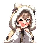  &gt;_o 1girl ;d animal_hood blush brown_eyes brown_hair brown_hood capelet clenched_hand commentary ddolbang double-parted_bangs earrings english_commentary fur-trimmed_capelet fur-trimmed_hood fur_trim hair_between_eyes highres hololive hololive_english hood hood_up hooded_capelet jewelry long_hair long_sleeves looking_at_viewer multicolored_hair nanashi_mumei nanashi_mumei_(3rd_costume) one_eye_closed open_mouth simple_background smile solo streaked_hair sweater upper_body virtual_youtuber white_background white_hair white_sweater yellow_eyes 