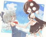  2girls black_bow black_bowtie black_ribbon black_skirt black_wings blue_bow blue_dress blue_hair blue_sky bow bowtie breasts brown_hair cirno closed_eyes cloud cloudy_sky cowboy_shot detached_wings dress dutch_angle facing_another feet_out_of_frame fittoti_ne frilled_skirt frills hair_bow happy hat holding_hands ice ice_wings medium_breasts medium_hair multiple_girls open_mouth pinafore_dress pom_pom_(clothes) puffy_short_sleeves puffy_sleeves red_bow red_bowtie red_headwear ribbon ribbon-trimmed_skirt ribbon_trim shameimaru_aya shirt short_hair short_sleeves skirt sky sleeve_ribbon sleeveless sleeveless_dress small_breasts smile tokin_hat touhou viewfinder white_ribbon white_shirt wings 