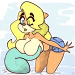  activision anthro bandicoot big_breasts bottomwear breast_squish breasts clothed clothing crash_bandicoot_(series) cutoffs daisy_dukes denim denim_clothing eye_through_hair eyebrow_through_hair eyebrows female hair hi_res holding_breast hotpants huge_breasts leaning leaning_forward mammal marsupial partially_submerged roger_bacon shorts solo squish tawna_bandicoot tentacles topless translucent translucent_hair 
