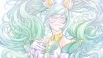  1girl absurdres bare_shoulders blush bow breasts detached_sleeves gem glasses gloves green_bow green_eyes green_hair grin hair_ornament highres large_breasts league_of_legends lolboja long_hair round_eyewear smile sona_(league_of_legends) star_guardian_sona swept_bangs teeth twintails white_gloves 