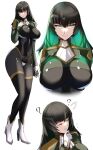  1girl ? allmind_(armored_core_6) armored_core armored_core_6 black_bodysuit black_hair bodysuit boots breasts closed_eyes colored_inner_hair flying_sweatdrops full_body green_eyes green_hair hand_on_own_chest hand_on_own_chin high_heel_boots high_heels highres kumakichi_(cost-lost) large_breasts long_hair looking_at_viewer multicolored_hair multiple_views original personification shrug_(clothing) smile 