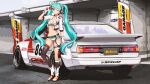  1girl ;p absurdres aqua_eyes aqua_hair asymmetrical_legwear bandaid bandaid_on_face bandaid_on_nose belt bikini blurry blurry_background boots breasts car dunlop front-tie_bikini_top front-tie_top full_body funkygarage gloves hatsune_miku headphones highres impact_wrench kneehighs light_blush long_hair medium_breasts mismatched_legwear motor_vehicle navel one_eye_closed race_queen race_vehicle racecar red_gloves side-tie_bikini_bottom single_kneehigh single_sock socks solo sports_car string_bikini swimsuit thigh_belt thigh_strap thighhighs tongue tongue_out toyota toyota_corolla_levin twintails two-tone_gloves v vehicle_focus very_long_hair vocaloid white_bikini white_footwear white_gloves wrench 