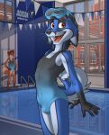  anthro bulge canid canine clothed clothing crossdressing detailed_bulge ear_piercing fernley fox hi_res male mammal one-piece_swimsuit piercing swimming_pool swimwear 