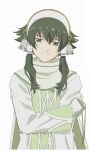  1boy :i closed_mouth crossed_arms green_eyes green_hair green_robe hair_ornament hair_tubes hairband high_collar ion_(tales) long_sleeves male_focus nspleee robe short_hair_with_long_locks sidelocks simple_background solo split_mouth tales_of_(series) tales_of_the_abyss upper_body white_background white_hairband 