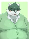  2023 anthro bear belly big_belly black_nose blush clothing hair hair_over_eyes kemono male mammal menmen_kesinn overweight overweight_male portrait shirt simple_background solo tongue tongue_out topwear 