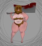  alternate_species anthro bag_over_head big_breasts blood blood_on_weapon bodily_fluids breasts chhiccennuggett cleavage cleaver_(weapon) clothed clothing dark_souls dirty domestic_pig female fromsoftware grey_background hand_on_hip hi_res holding_cleaver holding_object holding_weapon huge_breasts looking_at_viewer mammal maneater_mildred melee_weapon navel overweight overweight_female pink_body ragged_clothing simple_background solo suid suina sus_(pig) thick_thighs weapon weapon_on_shoulder wide_hips 