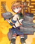  1girl animal antenna_hair bandaid bandaid_on_face blue_skirt blush character_name closed_mouth crab feet_out_of_frame from_behind hair_between_eyes itomugi-kun kantai_collection light_brown_hair machinery oboro_(kancolle) pleated_skirt rigging school_uniform serafuku short_hair short_sleeves skirt smokestack solo turret yellow_eyes zoom_layer 