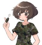  1girl =3 akiyama_yukari brown_eyes brown_hair camouflage camouflage_shirt closed_mouth commentary frown girls_und_panzer green_shirt holding holding_toy looking_at_viewer messy_hair model_tank ri_(qrcode) shirt short_hair short_sleeves simple_background solo t-shirt toy upper_body white_background 