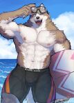  1boy :d abs absurdres bara black_male_swimwear bulge dog_boy feet fluffy goggles goggles_on_head highres holding holding_surfboard jammers large_pectorals looking_at_viewer male_focus male_swimwear mature_male muscular muscular_male navel navel_hair nipples ocean one_eye_closed original pectorals short_hair smile solo standing stomach strongman_waist surfboard thick_eyebrows thick_thighs thighs topless_male wet_male_swimwear yang_geon 