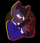  anthro distorted_contour domestic_cat felid feline felis gun hair hi_res iro_sinh male mammal personal_grooming ranged_weapon solo styling_hair stylized synthwave vaporwave weapon 
