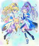  2girls asahina_mirai blonde_hair blue_choker bow bridal_gauntlets brooch choker closed_eyes commentary_request cure_magical cure_magical_(sapphire_style) cure_miracle cure_miracle_(sapphire_style) earrings gloves ha-chan_(mahou_girls_precure!) hair_ornament happy hat heart highres holding_hands hoppetoonaka3 izayoi_liko jewelry laughing long_hair magical_girl mahou_girls_precure! mini_hat mini_witch_hat mofurun_(mahou_girls_precure!) multiple_girls open_mouth pink_headwear ponytail precure purple_eyes purple_hair simple_background skirt smile star_(symbol) witch_hat 