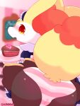  3:4 absurd_res anthro blush braixen cake camel_toe clothing dessert female food generation_6_pokemon genital_outline hi_res holding_object looking_at_viewer misumasu nintendo pokemon pokemon_(species) pussy_outline raised_tail red_eyes solo sumichisuu tail underwear yellow_body 