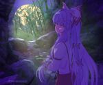  1girl :| absurdres artist_name bamboo bamboo_forest bow breasts closed_mouth collared_shirt commentary_request forest fujiwara_no_mokou full_moon hair_bow hair_ribbon highres imperishable_night kiritanpo117 long_hair looking_at_viewer looking_back medium_breasts moon moonlight moss nature night night_sky outdoors pants red_eyes red_pants ribbon rock scenery shirt sidelocks sky solo suspenders touhou upper_body very_long_hair watermark white_hair white_shirt 