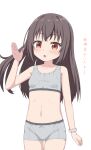  1girl :o blush bra breasts brown_eyes brown_hair collarbone commentary_request grey_bra grey_panties hand_up highres long_hair looking_at_viewer original panties parted_lips simple_background small_breasts solo takasuma_hiro training_bra translation_request underwear underwear_only white_background 