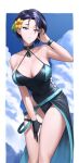  1girl absurdres bare_arms bare_shoulders belt blue_belt blue_hair blue_one-piece_swimsuit blue_sky breasts cleavage cloud day fire_emblem fire_emblem:_three_houses fire_emblem_heroes flower hair_flower hair_ornament highres large_breasts looking_at_viewer official_alternate_costume one-piece_swimsuit parted_lips purple_eyes shamir_nevrand short_hair shou_illust sky solo standing swimsuit thighs yellow_flower 