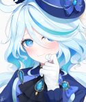  1girl absurdres ascot black_ascot blue_bow blue_coat blue_gemstone blue_hair blue_headwear bow brooch closed_mouth coat colored_inner_hair furina_(genshin_impact) gem genshin_impact gloves hand_up highres jewelry korean_commentary light_blue_hair long_sleeves looking_at_viewer machin4719 multicolored_hair portrait signature simple_background solo streaked_hair two-tone_hair white_background white_gloves 
