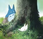  animal_focus bag brown_bag bug butterfly butterfly_on_head grass grey_sky hachiya_shohei holding holding_bag no_humans no_mouth outdoors signature sky tonari_no_totoro totoro tree under_tree 