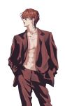  1boy abs cowboy_shot facepaint formal hair_between_eyes hands_in_pockets highres hisoka_morow hunter_x_hunter looking_to_the_side m833068161 male_focus no_shirt pants profile red_hair red_pants red_suit short_hair simple_background solo straight-on suit teardrop_facial_mark teardrop_tattoo white_background 